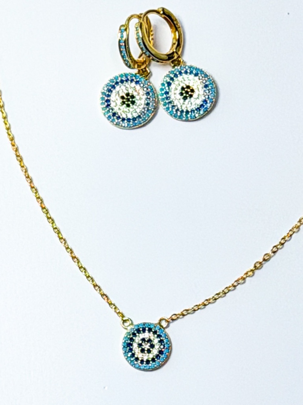 Evil Eye Jewelry Set Gold Plated on 925 Silver Blue CZ Necklace & Hoop Earrings